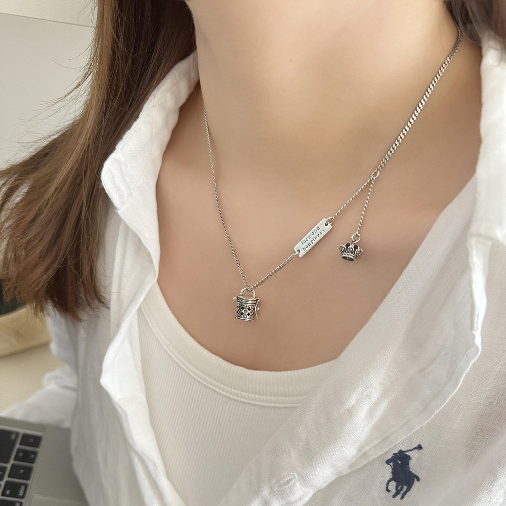个性复古小花桶包皇冠吊坠项链女网红精致时尚高级感ins风蛇骨链